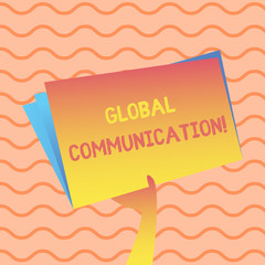 Word writing text Global Communication. Business photo showcasing ways to connect and mobilize across geographic Hand Holding and Raising Blank Space Colorful File Folder with Sheet Inside