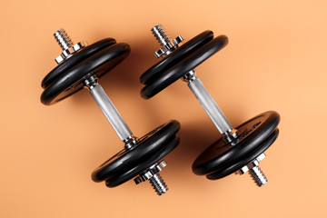 Professional dumbbell and weight plates over beige background. Black metal dumbbell with chrome...