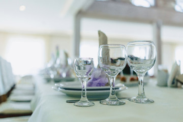 dishes on banquet tables, serving glasses, spoons and plates