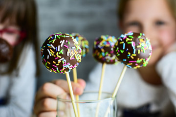 Delicious homemade chocolate cake pops, selective focus. Food, junk-food, culinary, baking and...