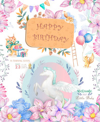 Cute happy birthday card with cartoon Pegasus. Watercolor fairy clip art and beauty boho pink flowers, floral. lamp light and leaf for greeting card on white background