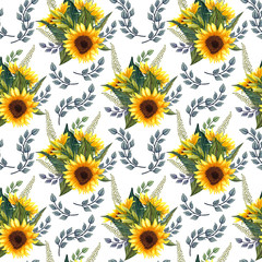 Seamless pattern with sunflowers on white background.