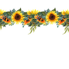 Seamless pattern with sunflowers on white background. Collection decorative floral design elements.