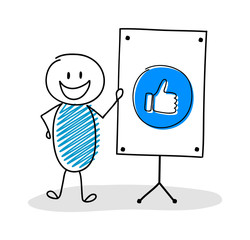 Funny hand drawn stickman with whiteboard and thumb - like icon. Vector