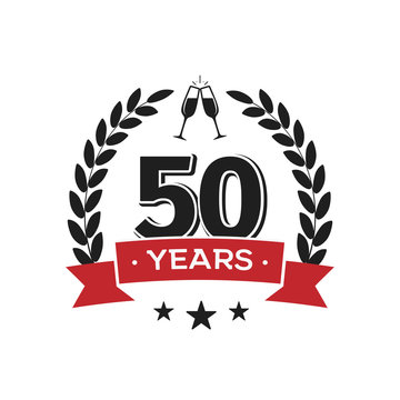 50 th birthday vintage logo template. Fifty years anniversary retro isolated vector emblem with red ribbon and laurel wreath on white background.