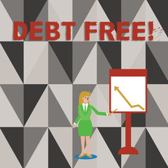 Conceptual hand writing showing Debt Free. Concept meaning does not owning any money or things to any individual or companies Woman Holding Stick Pointing to Chart of Arrow on Whiteboard
