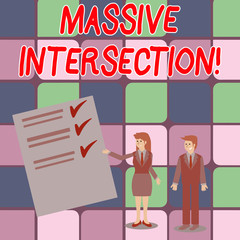 Word writing text Massive Intersection. Business photo showcasing atgrade junction where two or more roads meet or cross Man and Woman in Business Suit Presenting Report of Check and Lines on Paper