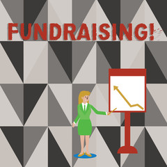 Conceptual hand writing showing Fundraising. Concept meaning seeking to generate financial support for charity or cause Woman Holding Stick Pointing to Chart of Arrow on Whiteboard