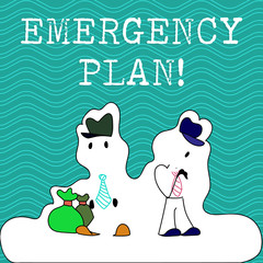 Word writing text Emergency Plan. Business photo showcasing actions developed to mitigate damage of potential events Figure of Two Men Standing with Pouch Bag on White Sticker Style Snow Effect