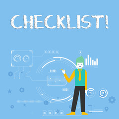 Handwriting text Checklist. Conceptual photo list items required things be done or points considered Man Standing Holding Pen Pointing to Chart Diagram with SEO Process Icons