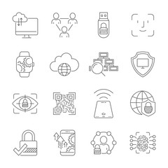 Cyber technology, networks, protection, connection. Vector icons set. Technologies of digital space. Editable Stroke. EPS 10