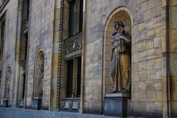 Warsaw, Poland, March 10, 2019: Sculptures along the walls of the Palace of Culture and Science, Warsaw.