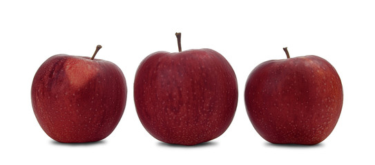 Fresh red apples in a row isolated on white background. Different sized apples.