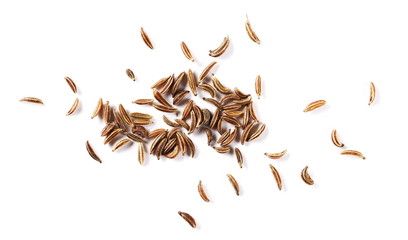 Obraz premium Pile of cumin, caraway seeds isolated on white background, top view
