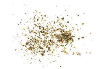 Dry ground green pepper pile, peppercorn isolated on white, top view