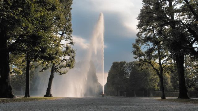 Hannover, Germany. A huge, high jet of water fountain pouring out of a bowl placed on the ground. Against the background of green trees in the park. The concept of sexual relations, sperm, ejaculation