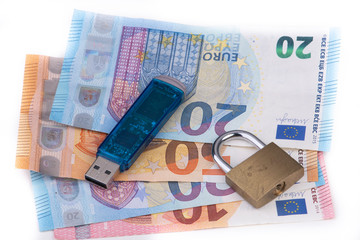 Data Collection and Sale of Data - Data Stick with Padlock and Euro Banknotes