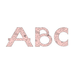 Decorative set floral doodle pattern letter alphabet abc font. Lettering fashion hand drawn spring flowers,hearts and polka dots ornament. Vector grunge pink illustration t-shirt print. A, B, C
