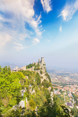 A beautiful view of the tower of Guaita on Mount Monte Titano in the Republic of San Marino