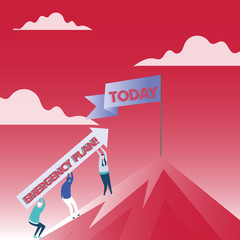 Obraz premium Text sign showing Emergency Plan. Business photo text actions developed to mitigate damage of potential events People Holding Arrow Going Up the Mountain. Blank Banner on Pole at the Peak