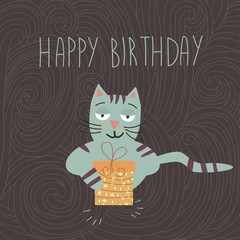 cute cat with gift and inscription Happy birthday