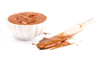 Bowl of Chocoalte Hazelnut Spread on a White Background