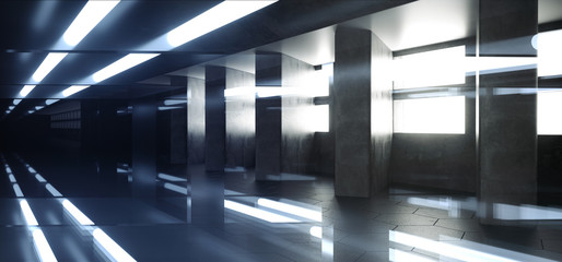 Sci Fi Elegant Futuristic Alienship Modern Long Dark Grunge Concrete Reflective Empty Tunnel Corridor With Neon Glowing Blue Lights White Windows Background 3D Rendering