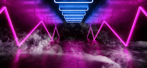 Smoke Chaotic Laser Fluorescent Cyber Sci Fi Futuristic  Modern Retro Neon Glowing Blue Purple  Lights In Dark Empty Grunge Reflective Concrete Corridor Background Dance Club 3D Rendering