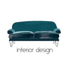 watercolor sofa illustration. interior design sign logo. hand drawn sketch of furniture. 