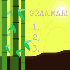 Conceptual hand writing showing Grammar. Concept meaning whole system structure language syntax and morphology Colorful Set of Leafy Bamboo and Moon or Sun with Round Beam