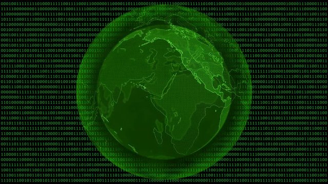 Digital planet Earth. Loopable 3D animation with rotating globe at Binary code background. Abstract global digital technology concept.
