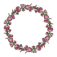 Vector wreath of peonies. Hand drawn cartoon style illustration. Cute summer or spring frame for wedding, holiday or card design
