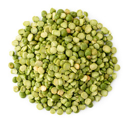 Pile of dried green peas on a white. The form of the top.