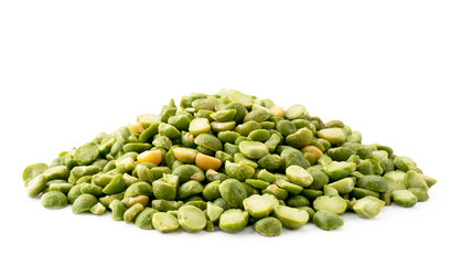 Heap of dried green peas close up on a white. Isolated.