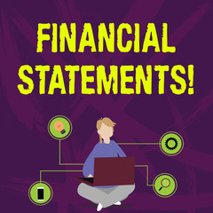 Writing note showing Financial Statements. Business concept for the formal records of the financial activities Woman Sitting with Crossed Legs on Floor Browsing the Laptop