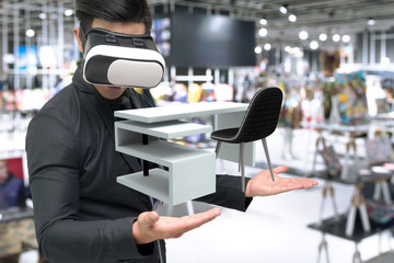 Vitual reality marketing technology for access entire product inventory in-store concept. Man suit use VR wearable device application for simulate furniture and colour in retail store. 3D rendering.