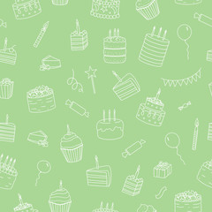 Vector seamless pattern of white cakes with candles. Birthday repeat backdrop. Monochrome repeat texture of sweet bakery goods. Bright drawing of Birthday cakes, candies, balloons, presents, confetti