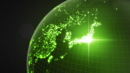 power of japan, energy beam on tokyo. dark globe with illuminated cities and human density areas. 3d illustration