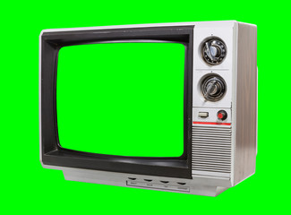 Vintage television isolated with chroma green screen and background.