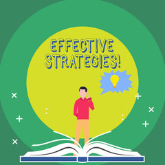 Word writing text Effective Strategies. Business photo showcasing A method or plan chosen to bring about a desired future Man Standing Behind Open Book, Hand on Head, Jagged Speech Bubble with Bulb