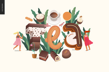 Dessert font - modern flat vector concept digital illustration of temptation font, sweet lettering and girls. Caramel, toffee, biscuit, waffle, cookie, cream and chocolate letters. Lettering Tea