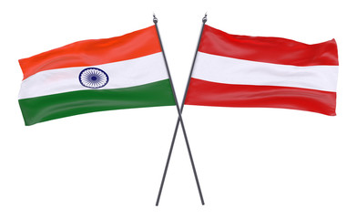 India and Austria, two crossed flags isolated on white background. 3d image
