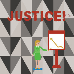 Conceptual hand writing showing Justice. Concept meaning impartial adjustment of conflicting claims or assignments Woman Holding Stick Pointing to Chart of Arrow on Whiteboard