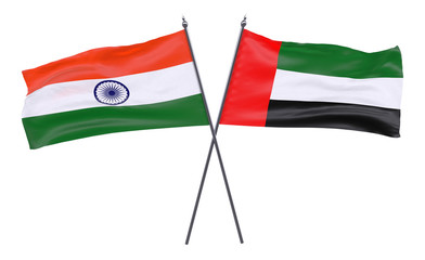 India and United Arab Emirates, two crossed flags isolated on white background. 3d image