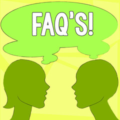 Handwriting text writing Faq S. Conceptual photo list of questions and answers relating to particular subject Silhouette Sideview Profile Image of Man and Woman with Shared Thought Bubble