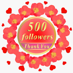 500 followers. Bright followers background. 500 followers illustration with thank you on a ribbon.