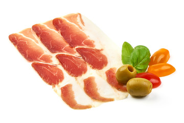 Dried jamon slices, Cured meat, close-up, isolated on white background