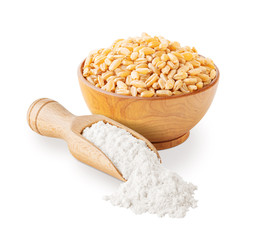 Wheat flour and grains isolated on white background