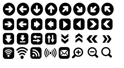 wide symbol set, arrows, mail, zoom, wifi icons set, isolated on white background