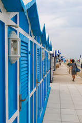 Blue beach cabins along the beach, Italy, Riccione